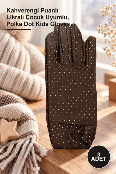 Yenilig 3 Pieces of Children's Gloves – Brown Polka Dot Lycra, Child-Friendly...