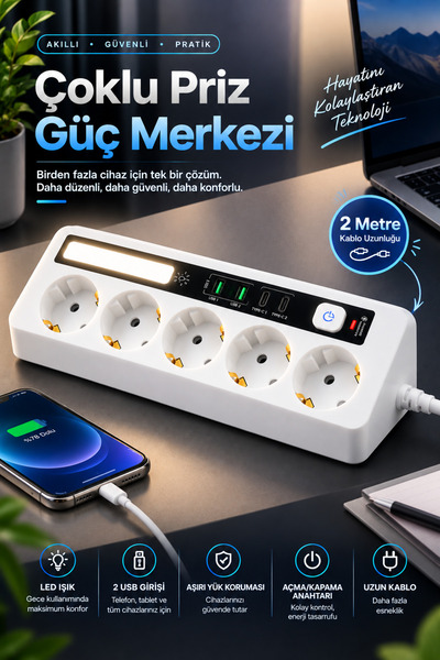 sonx 5'li Çoklu Priz 2 USB 2 Type-C Girişli Dokunmatik LED Gece Lambalı Aşırı...