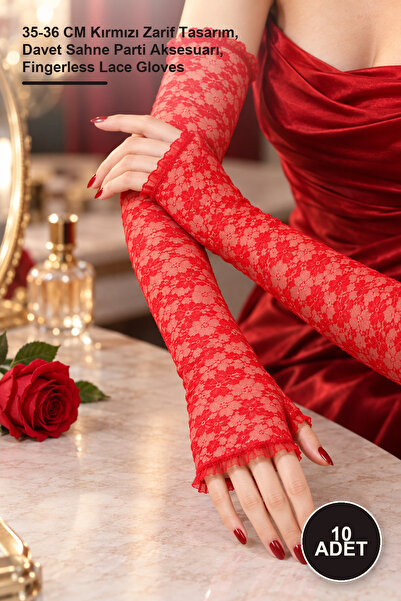 Yenilig 10 Pieces Long Fingerless Lace Gloves – 35-36 cm Red Elegant Design, ...