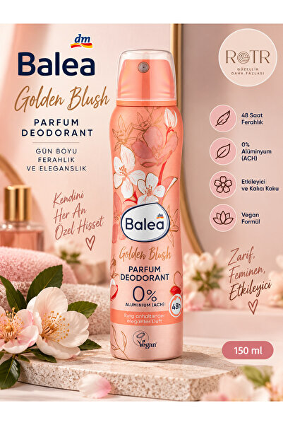 BALEA Golden Blush Parfümlü Deodorant Body Mist 150 ml – 48 Saat Etkili, 0% A...