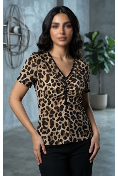 kadina Leopard Print Ruffle Blouse with Luxurious Embroidered Details