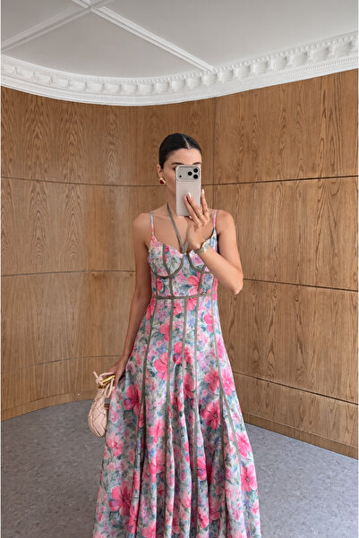 Göğüs Balenli Biyeli Pembe Elbise