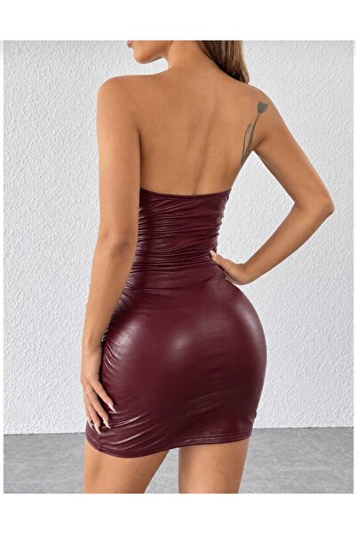 MAROVOAY Faux Leather Mini Strapless Dress