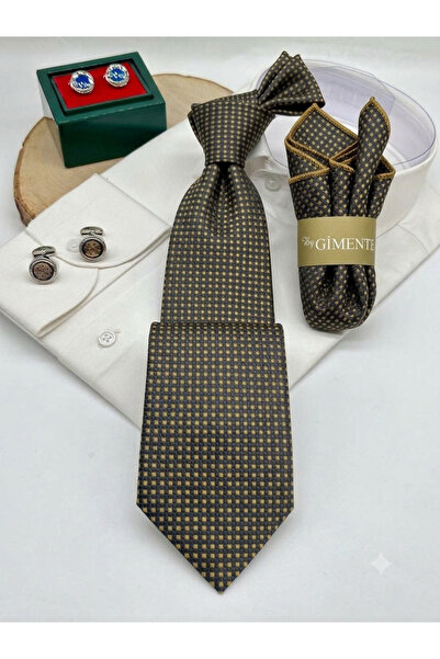 Gutiero Classic 7.5 cm Tie Set with Black Gold Patterned Handkerchief