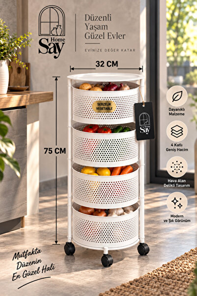 SAY HOME TEKERLEKLİ METAL 4 KATLI AÇILIR KAPANIR SEBZELİK (BEYAZ)
