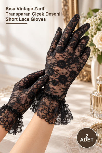 Yenilig 2 pairs of black guipure lace gloves – short vintage elegant, sheer f...