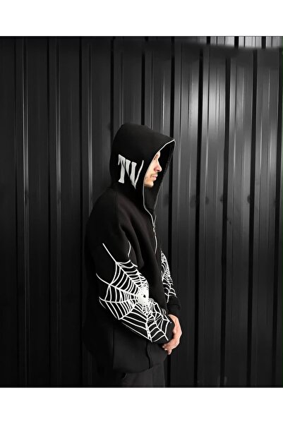 vorian Unisex Gotik Siyah Örümcek Ağı Baskılı Oversize Kapüşonlu Fermuarlı Hı...