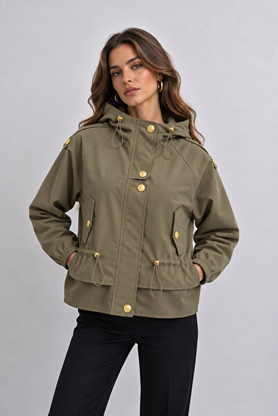 İLKCET MODA Büzgülü Gold Detaylı Oversize Yağmurluk