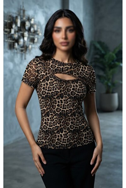kadina Leopard Print Mesh Top with Crystal Details