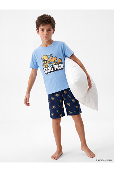 LC Waikiki Vizyon New Season Blue Printed Boys' Shorts Pajama Set