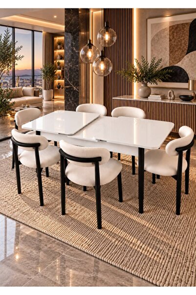 UZMHOME SFM Açılabilir Kapanabilir 6 Sandalyeli Mutfak Masa Takımı Salon Takımı