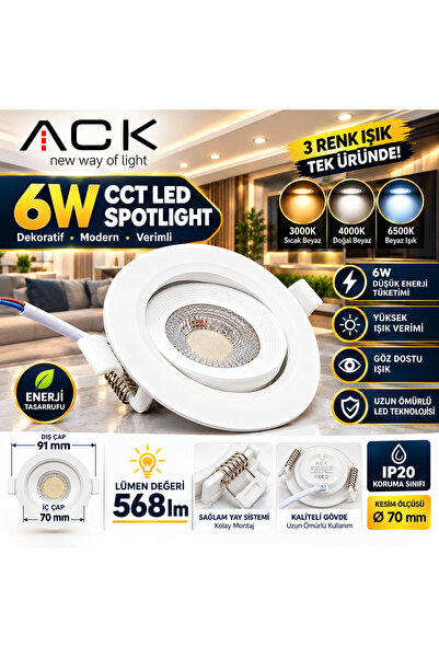 ACK 6W CCT LED Spot | Sıva Altı 3 Renk | 3000K 4000K 6500K | 490-568-535 Lüme...