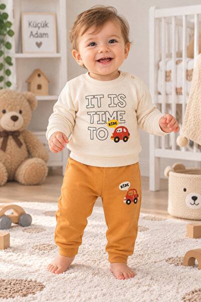 SERPİL Baby Boy Tracksuit Set – Car Printed Sweatshirt and Pants, Cream Musta...