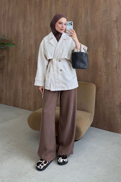 Şule Giyim Styl Buttoned Half Trench Beige