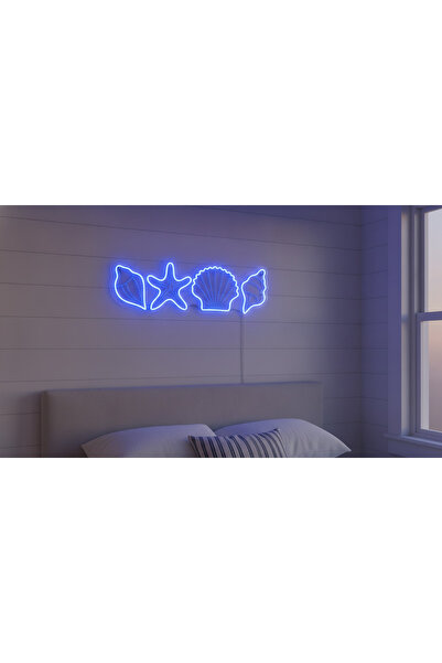 Deniz Kabuğu Figürlü LED Neon Duvar Tablosu | Mavi Aydınlatmalı Modern Dekor | Banyo