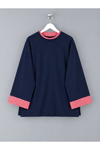 KEVRA Kadın Çizgili Garnili İki Parça Görünümlü Oversize Sweatshirt - Yırtmaç...