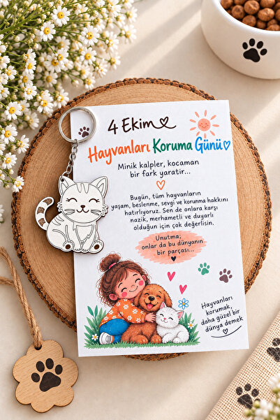 BastirBi 4 Ekim Hayvanları Koruma Günü Ahşap Anahtarlık – Kedi Figürlü Hayvan...