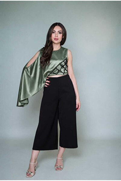 gmax Black Geometric Beaded Embroidery Satin Women's Set