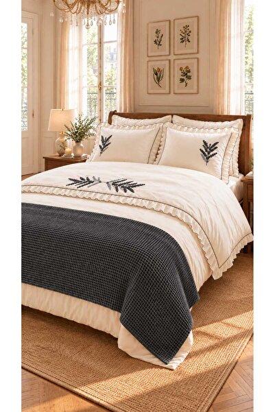 İK TEKSTİL Trigo Gray Green Floral Embroidered Cotton Duvet Cover Set 7 Piece...