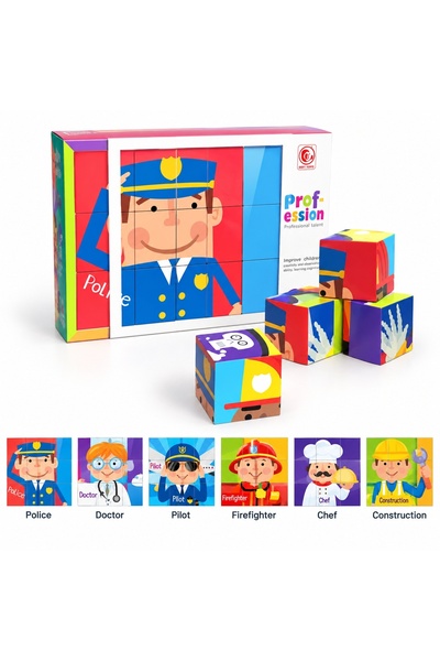 Chengji Puzzle educativ 6 in 1 cu profesii, 9 cuburi, 3+ ani