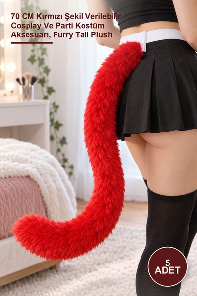 Yenilig 5 Adet Peluş Kuyruk – 70 CM Kırmızı Şekil Verilebilir Cosplay Ve Parti Kostüm Aksesuarı, Furry Tail Plush
