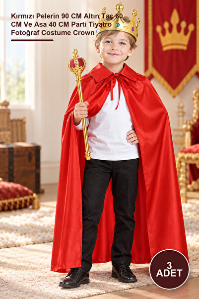 Yenilig 3 Pcs Children's King Costume Set - Red Cape 90 Cm, Gold Crown 60 Cm,...