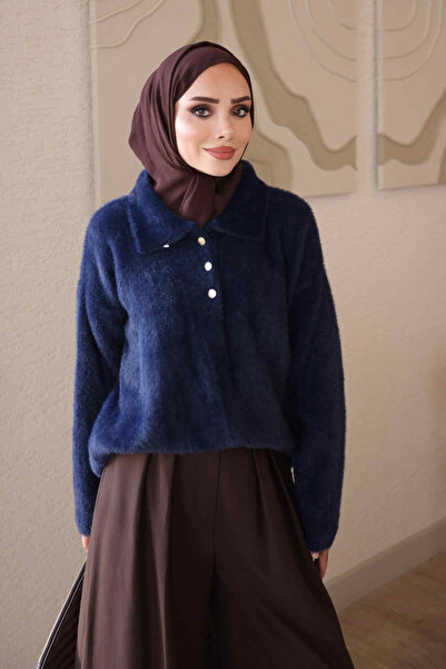İmajButik Navy Blue Shirt Collar Angora Soft Knit Sweater