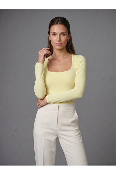 Noe Collection Kadın Uzun Kollu Kare Yaka Çıtçıtlı Slim Fit Esnek Bodysuit