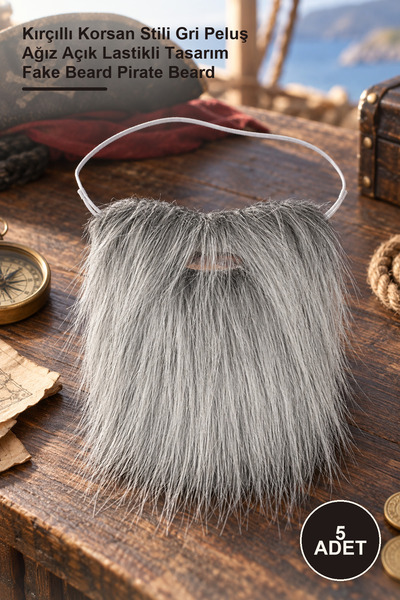 Yenilig 5 Pieces of Fake Beards – Gray Plush Pirate Style with Open Mouth and...
