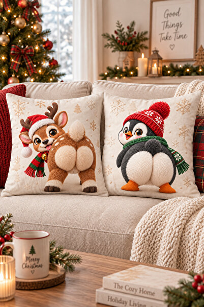 ayshome textile Dijital Baskı Yılbaşı Geyiği Ve Pengueni Esprili 2'Li Kırlent Kılıfı Seti