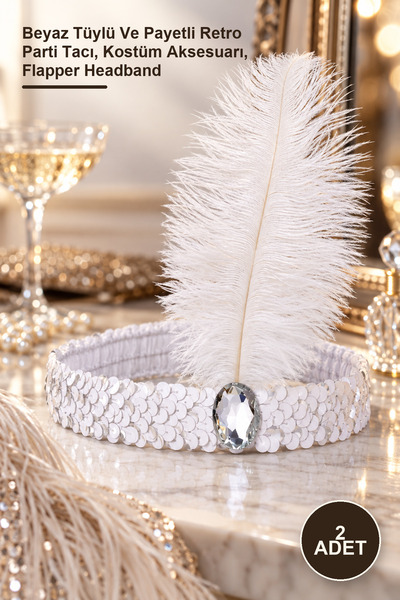 Yenilig 2 Pcs Charleston Hair Band – White Feathered and Sequined Retro Party...