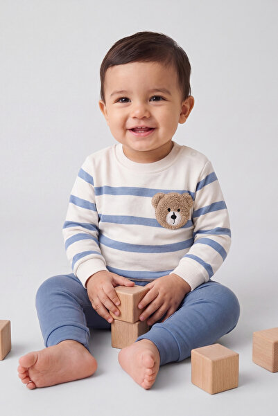 Pure Plus 2'li Bebek Alt-Üst Set %100 Pamuk | Çizgili Ayı Nakışlı Bebek Takım...