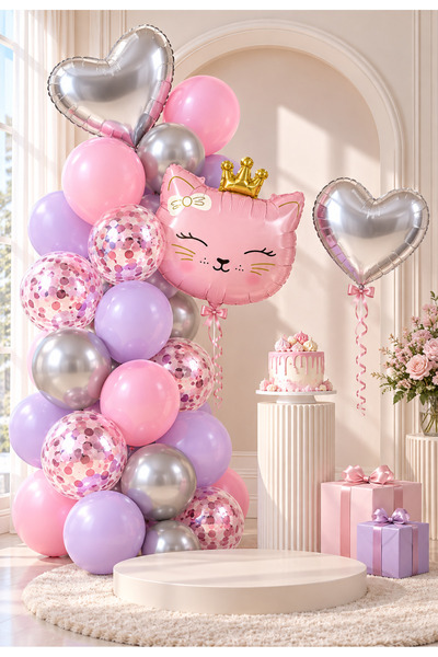 baloss fer Pembe Lila Kedi Gümüş Deluxe Balon Seti 23 Parça Pembe Makaron Lil...