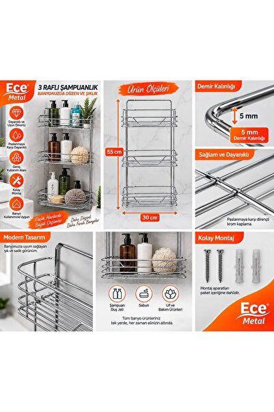3 Katlı 5 mm Metal Banyo Şampuanlığı – Çok Amaçlı Duş Rafı, Banyo Düzenleyici Organizer
