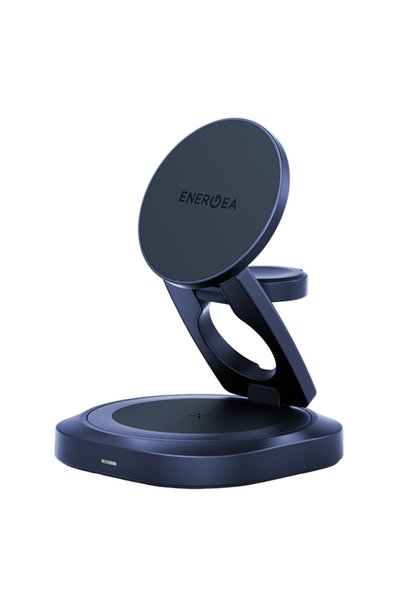 Energea AluMag Gyro Qi2 25W 3in1 360 Dönebilen Manyetik Kablosuz Şarj Standı - Mavi