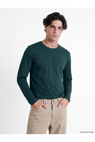 LC Waikiki Peak New Season Green Crew Neck Long Sleeve Men's T-Shirt