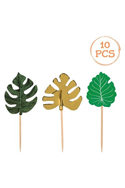 OEM Bețe decorative de 10cm - 10 bucăți, Frunze tropicale verzi și aurii