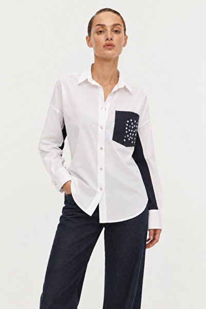 LA&B&LA Denim Detaylı Taş İşlemeli Kadın Beyaz Gömlek