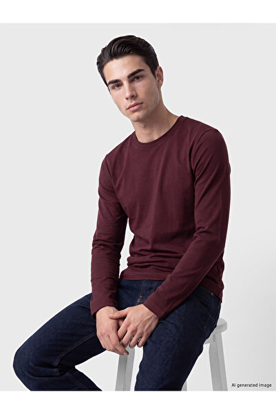 LC Waikiki Peak New Season Burgundy Crew Neck Long Sleeve Men's T-Shirt