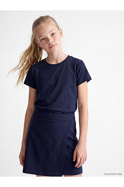 LC Waikiki Peak New Season Navy Blue Crew Neck Girls' T-Shirt