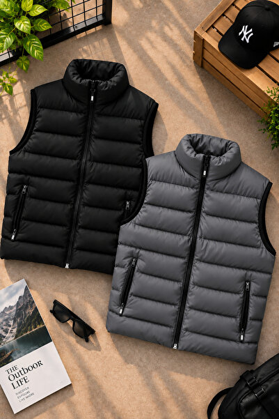 legends butik Erkek 2’li Dolumlu Şişme Yelek Seti Dik Yaka Fermuarlı Çift Cep...