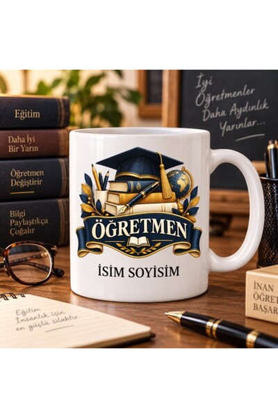 Öğretmen Kupa Bardak Kitap ve Mezuniyet Kepi Desenli