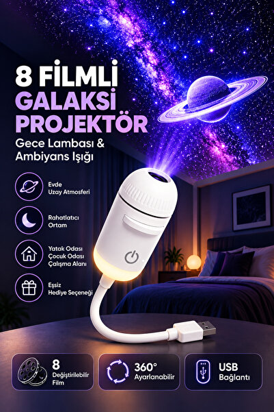 SOLEZON USB Galaksi Projektör LED Gece Lambası 8 Filmli 360° Ayarlanabilir Am...