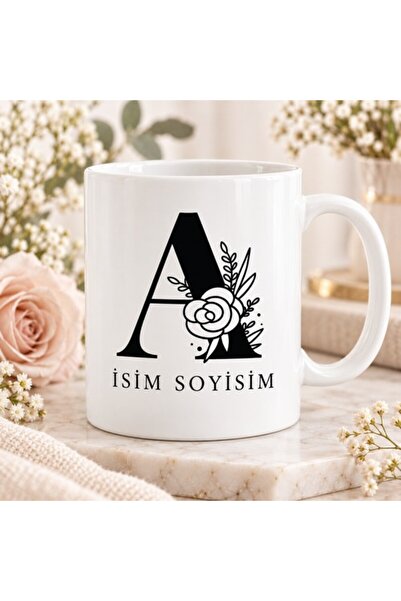 A Harfli İsim Alanlı Kupa Bardak Siyah Çiçekli Monogram