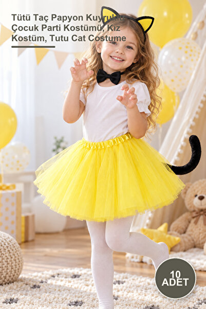 Yenilig 10 Pcs Yellow Skirted Cat Costume Set – Tutu Crown Bowtie Tail Kids P...