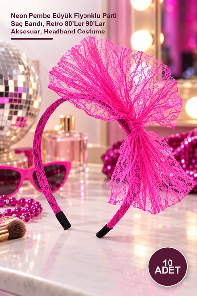 Yenilig 10Pcs Lace Crown – Neon Pink Big Bow Party Hairband, Retro 80S 90S Ac...
