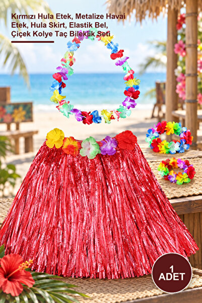 Yenilig 1Pc Hawaiian Dance Costume – Red Hula Skirt, Metallized Hawaiian Skir...