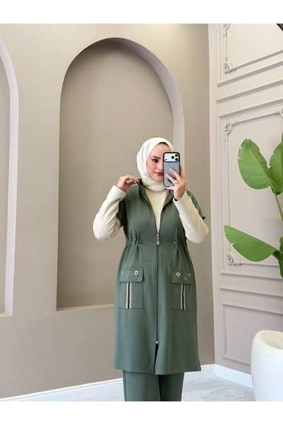 moda4b Women's 3-Piece Oysho Fabric Sleeveless Long Vest Tracksuit Set with Zipper N-05482 _ Green