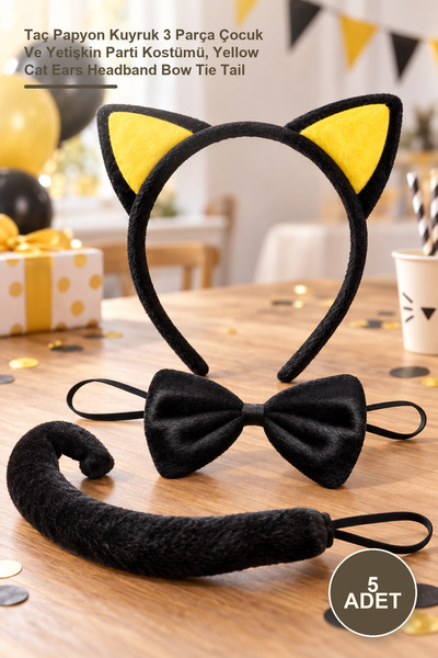 Yenilig 5 Pcs Yellow Cat Ears Costume Set – Crown Bow Tie Tail 3-Piece Kids a...