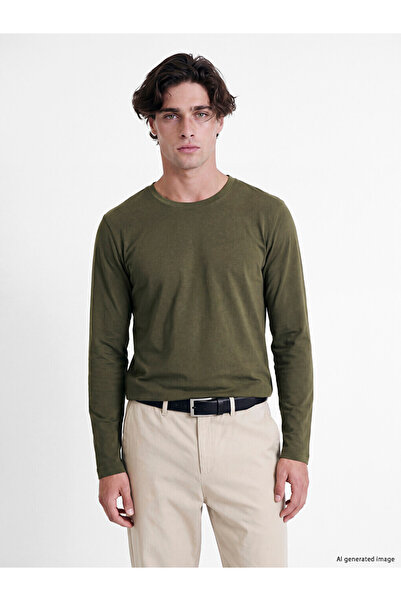 LC Waikiki Peak New Season Green Crew Neck Long Sleeve Men's T-Shirt